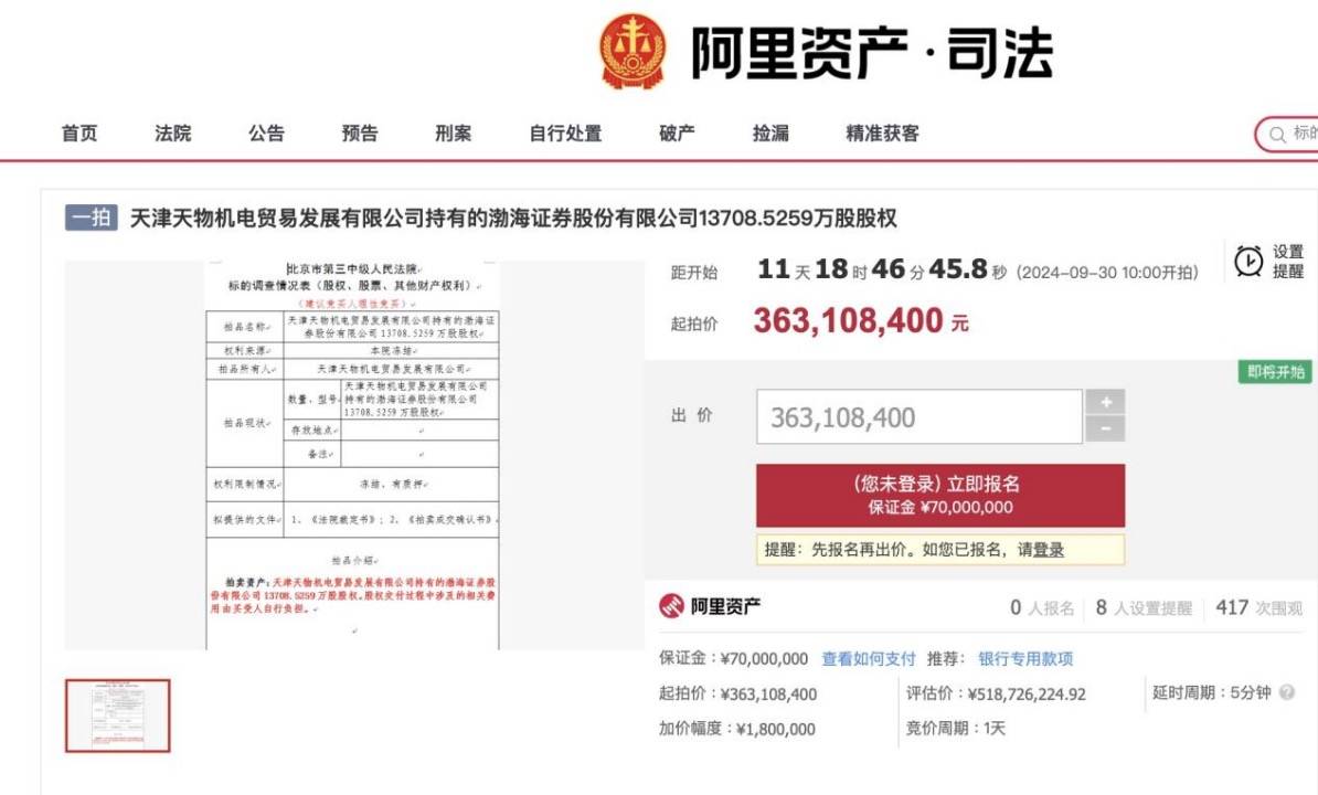 渤海证券1.37亿股股权七折起拍，叠加立案风波IPO之路或再添阻碍
